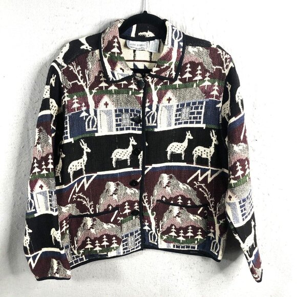Jane Ashley Jackets & Blazers - Jane Ashley Jacket Womens Medium Tapestry Mountain Scene Reindeer Pines Church